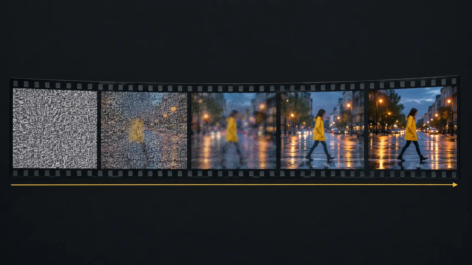 Illustration of a still photo unrolling into a film strip, showing how an AI video generator works