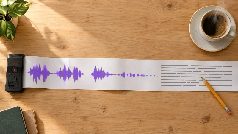 Audio waveform turning into lines of written text, illustrating how to transcribe audio to text