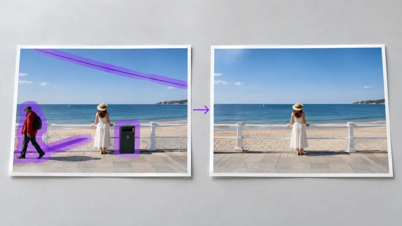 Beach photo with a stranger being painted out using an AI object remover mask