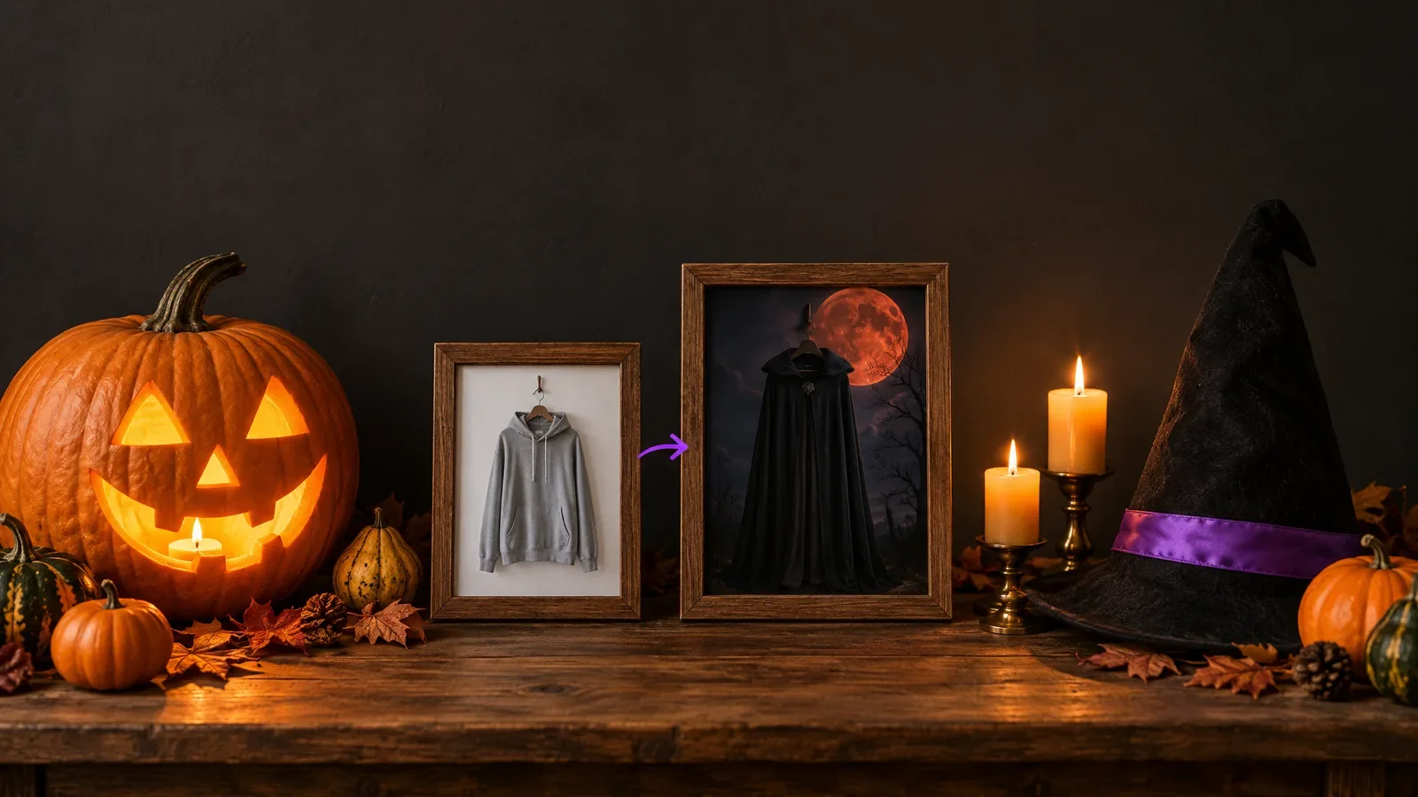 A pumpkin, a witch hat and a photo frame on a wooden table, showing an AI Halloween costume made from a photo