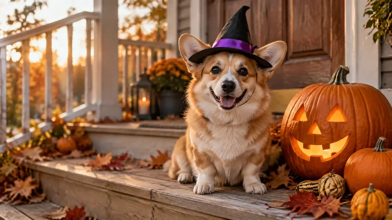 Dog Halloween costumes: a small dog in a witch hat sitting beside a carved pumpkin on a porch