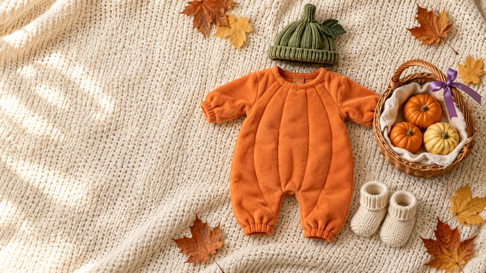 Baby Halloween costumes: an orange pumpkin onesie, tiny booties and a small wicker basket of mini pumpkins on a cream knit blanket
