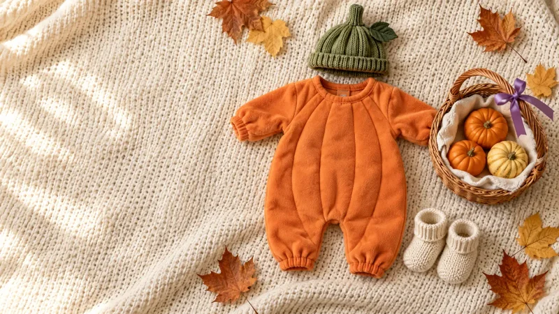 Baby Halloween costumes: an orange pumpkin onesie, tiny booties and a small wicker basket of mini pumpkins on a cream knit blanket