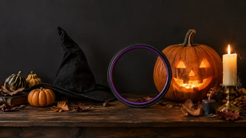 Halloween PFP: a round empty picture frame leaning on a carved pumpkin beside a black witch hat and a candle on a dark wooden table