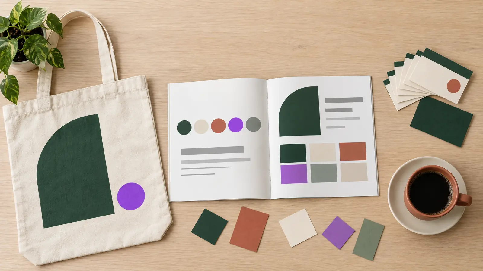 Brand Studio vs LogoAI: a printed brand guide, business cards, a tote bag and a coffee cup laid out on a light desk