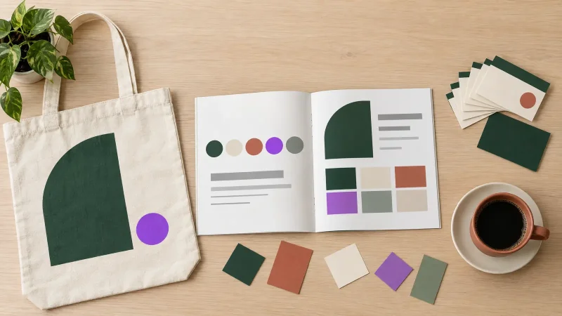 Brand Studio vs LogoAI: a printed brand guide, business cards, a tote bag and a coffee cup laid out on a light desk