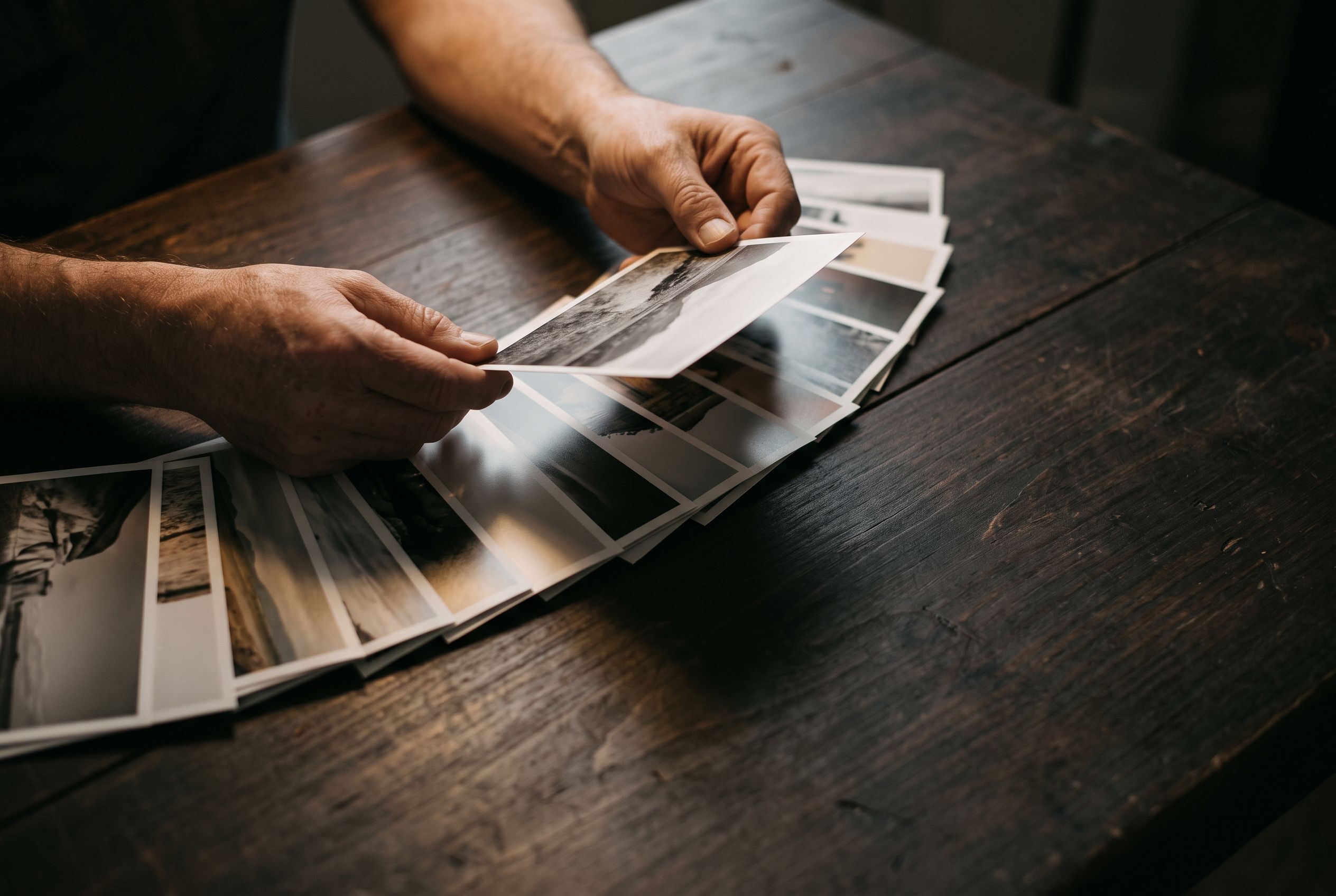 Two hands hold up one small print while sorting several others fanned across a dark wooden table under a warm lamp.