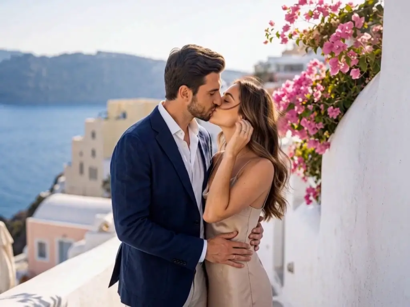 Couple kissing while seated indoors, woman in a beige knit sweater and man in a dark blazer, with a potted plant and warm lighting behind them