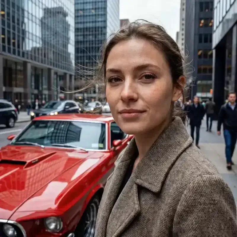 Woman in a tweed coat standing beside a red classic sports car on a busy city street lined with tall glass buildings