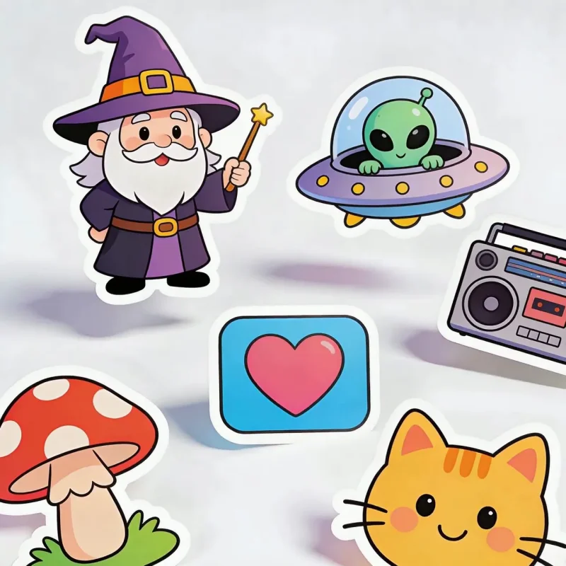 Cartoon stickers including a wizard with wand, green alien in a UFO, red mushroom, blue heart, boombox, and smiling orange cat