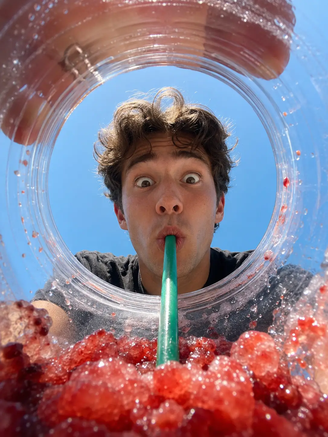 AI Arty Generator image of a young man looking through a clear drink container while sipping a bright red frozen beverage through a green straw.