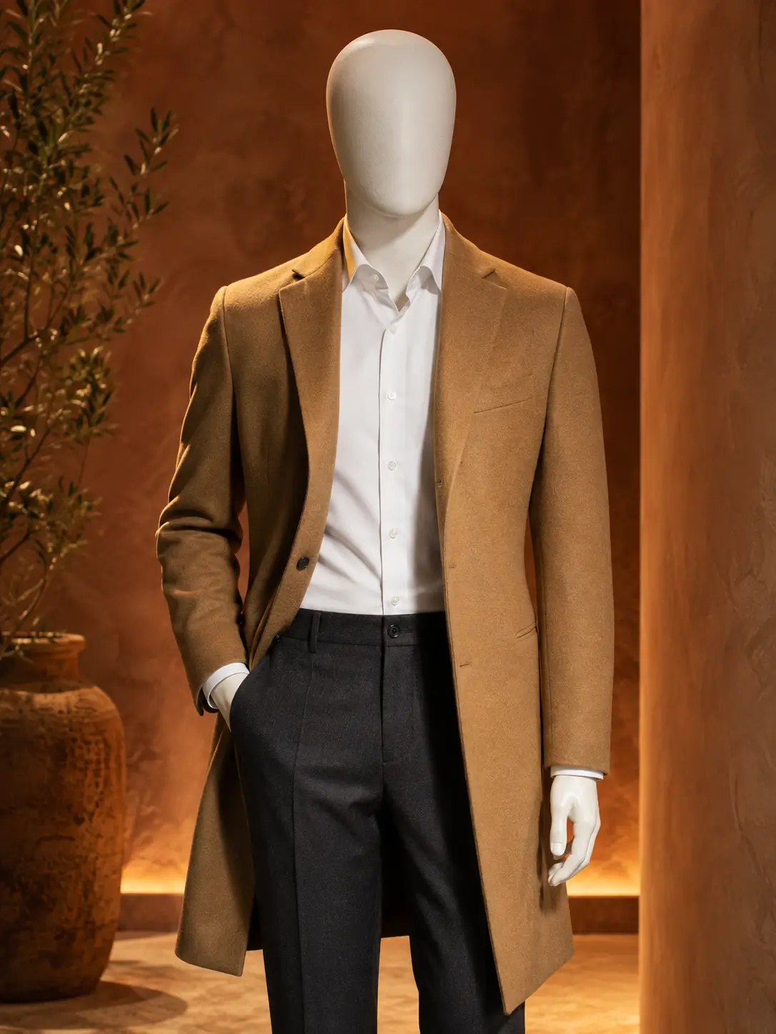 MultiView of a male mannequin wearing a camel overcoat, white shirt, and tailored charcoal trousers in a premium fashion showroom.