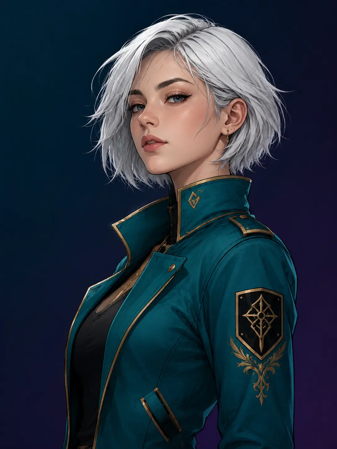 MultiView of a stylish silver-haired female anime character wearing a teal jacket with gold detailing against a dark gradient background.