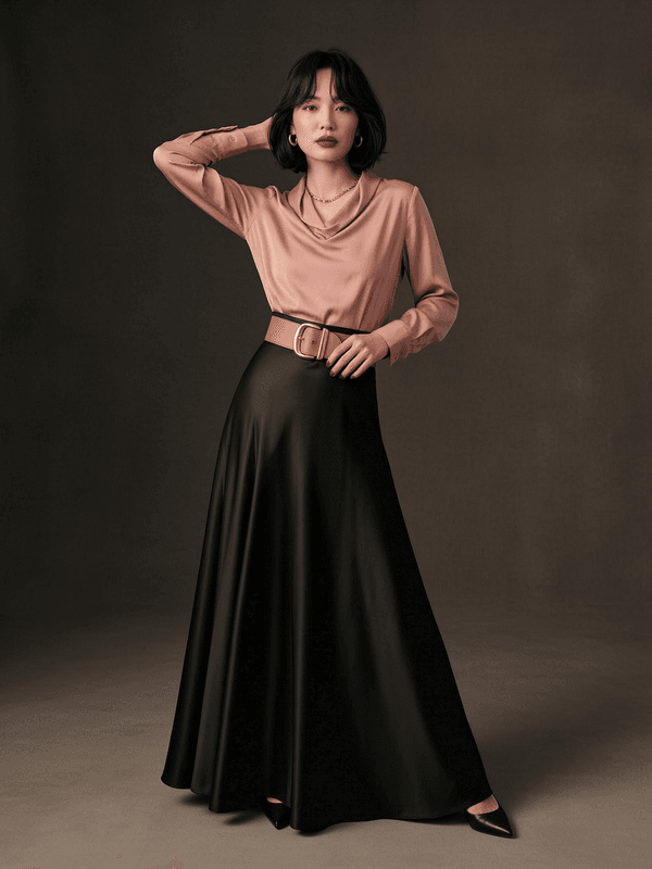Pink Satin Black Skirt