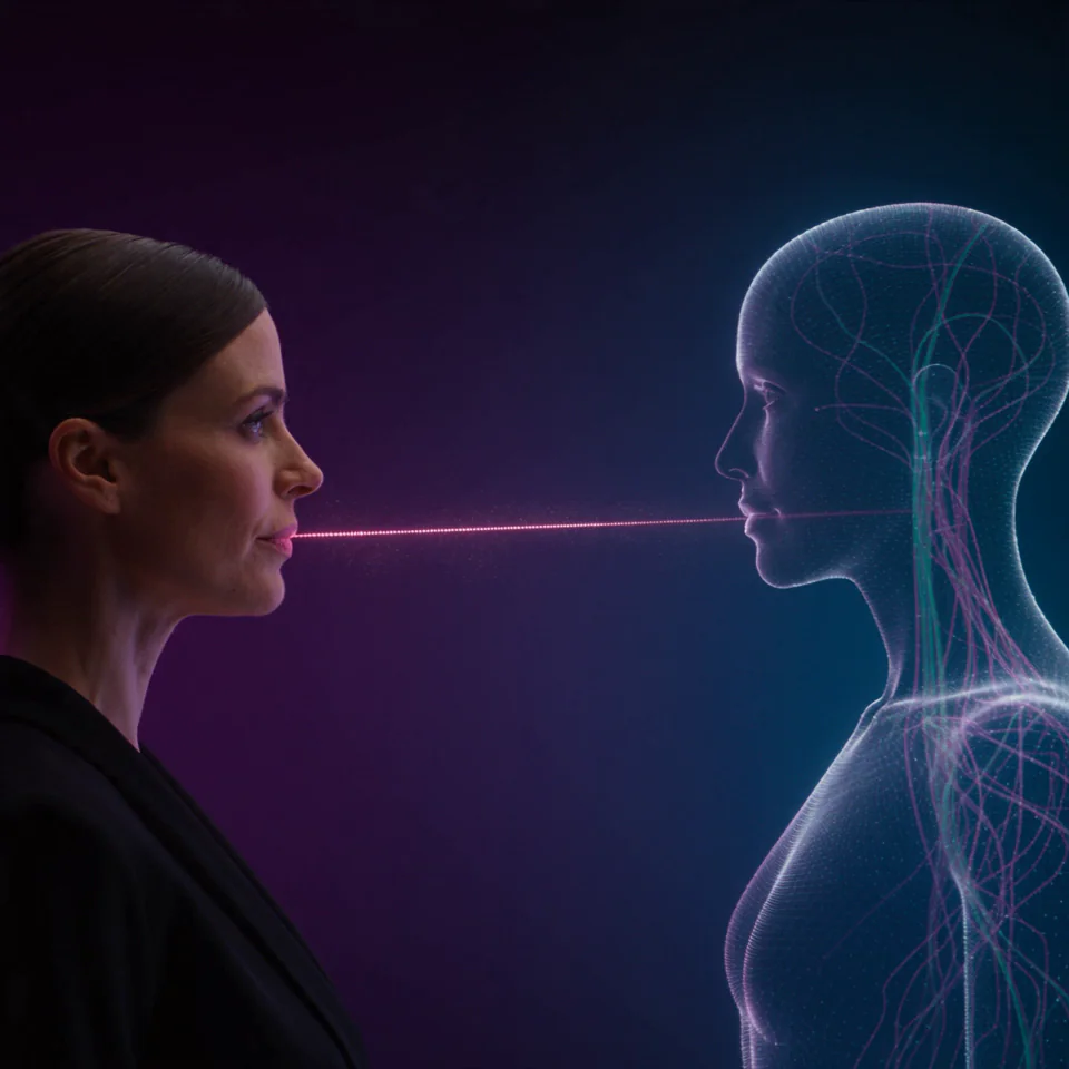Woman in profile speaking as a glowing sound wave passes into a translucent digital copy of her face, illustrating AI voice cloning