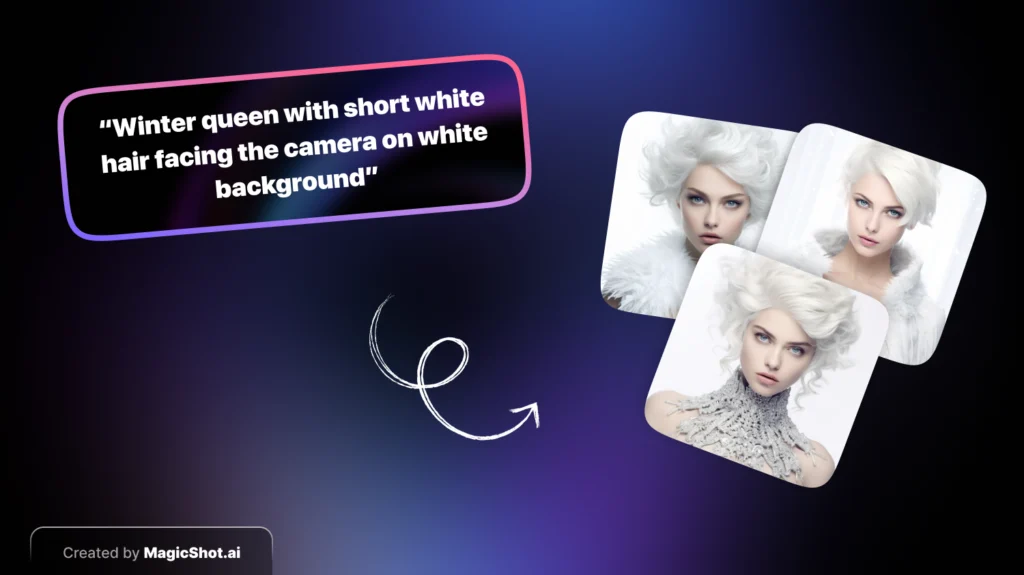 Three AI-generated images of a "winter queen with short white hair facing the camera on a white background," arranged diagonally, originating from a text prompt shown in a rounded rectangle.
