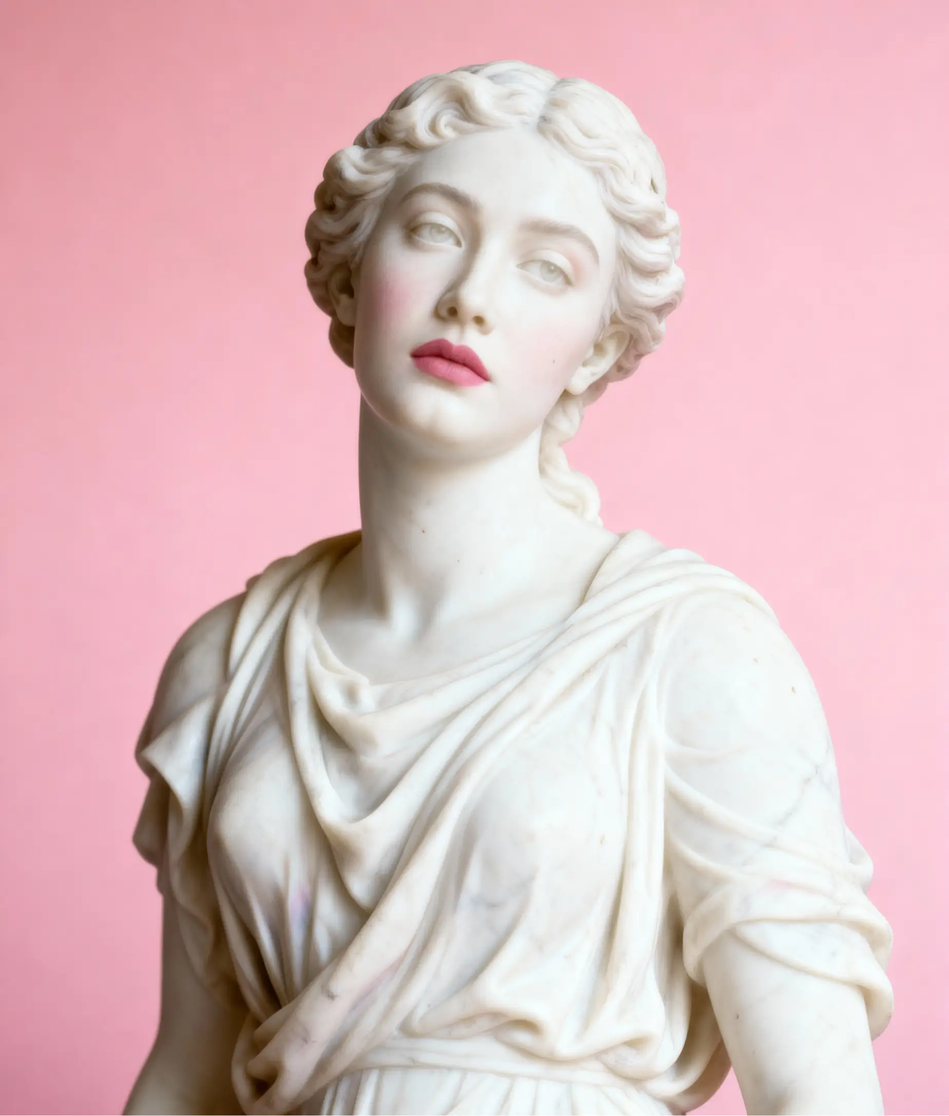 A classical marble statue of a woman with soft, feminine features set against a pastel pink background.