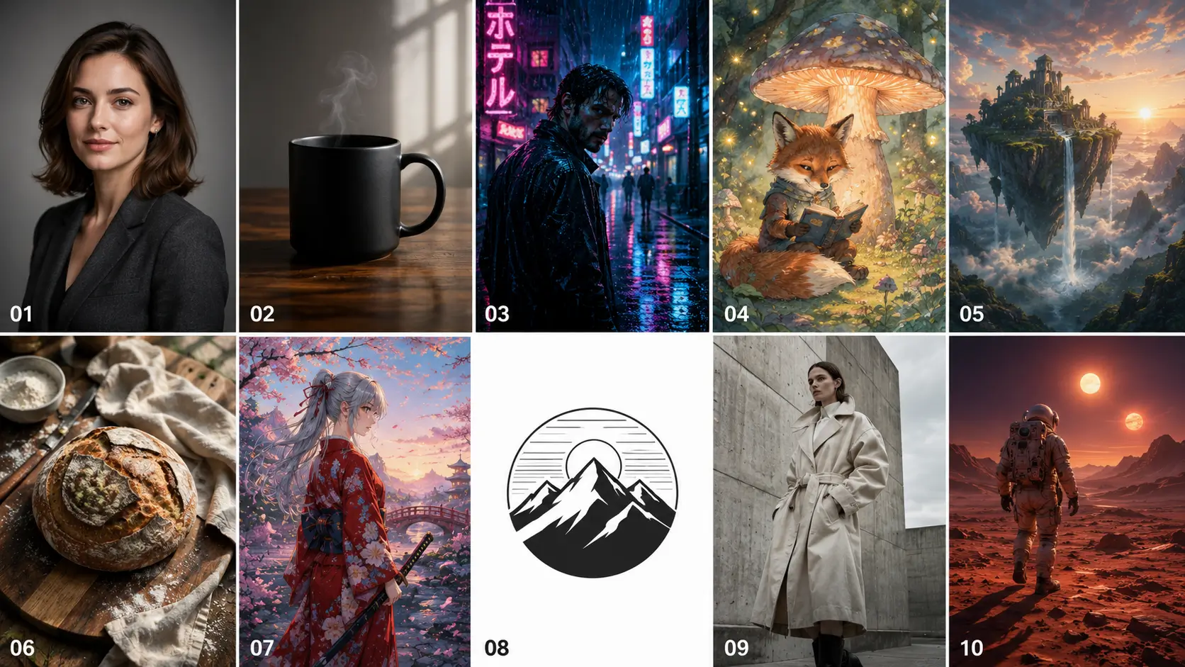 Grid comparison showing 10 AI image styles, including a professional headshot, product photo, cyberpunk scene, watercolor fox, fantasy island, food photography, anime character, logo design, fashion editorial, and sci-fi astronaut.