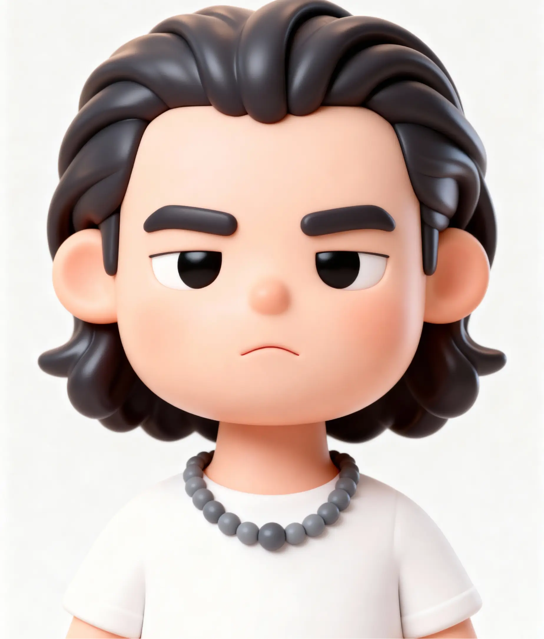 A cute 3D cartoon boy with long dark hair, expressive eyebrows, and a beaded necklace, looking slightly unimpressed.