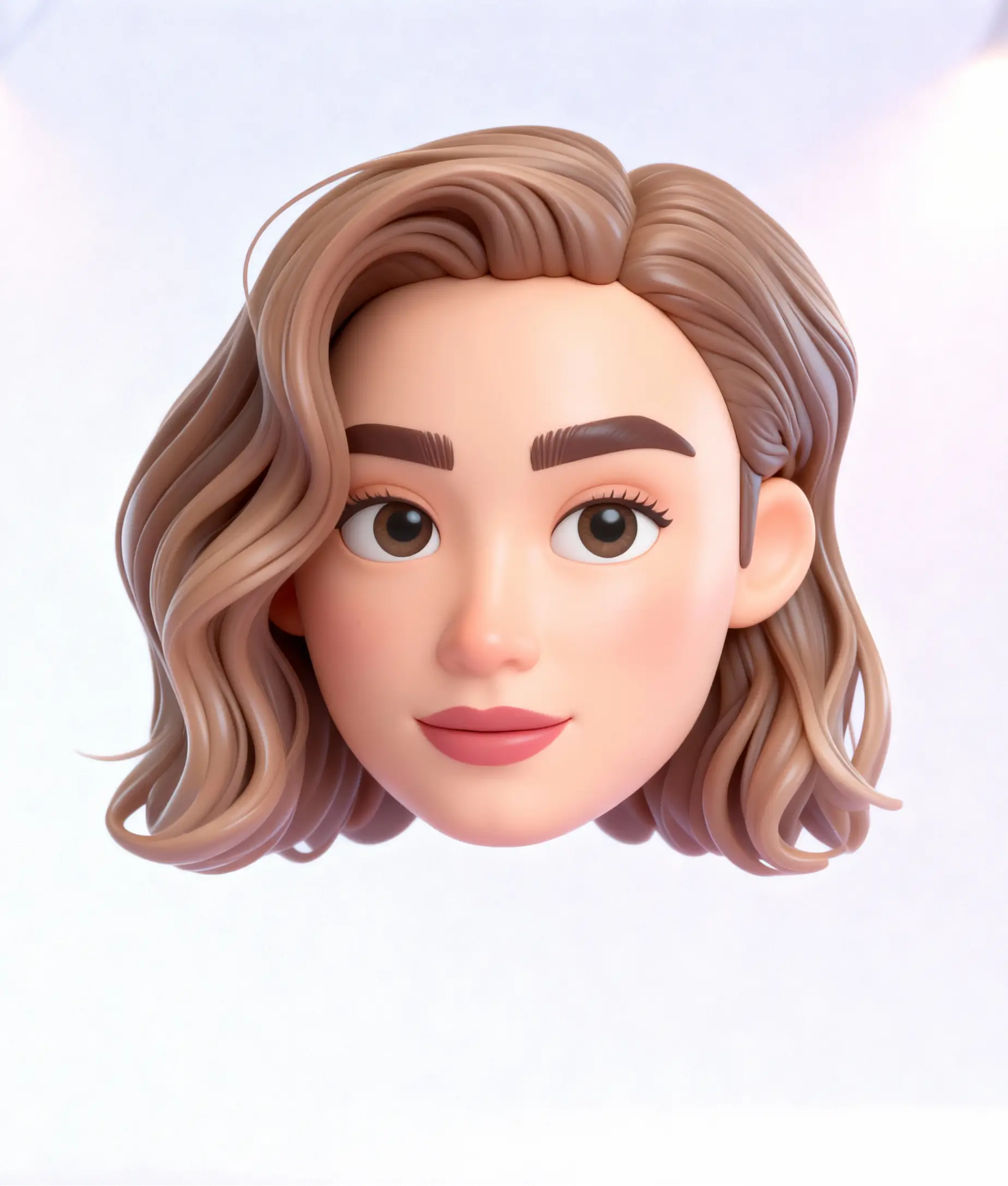 A polished 3D avatar of a young woman with wavy short hair, big eyes, and a friendly expression floating against a soft backdrop.