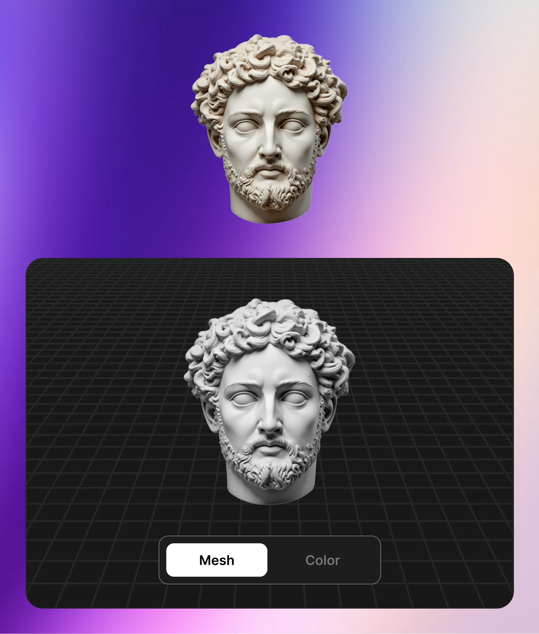 Image to 3D model of a classical Greek-style sculpture head in mesh format.