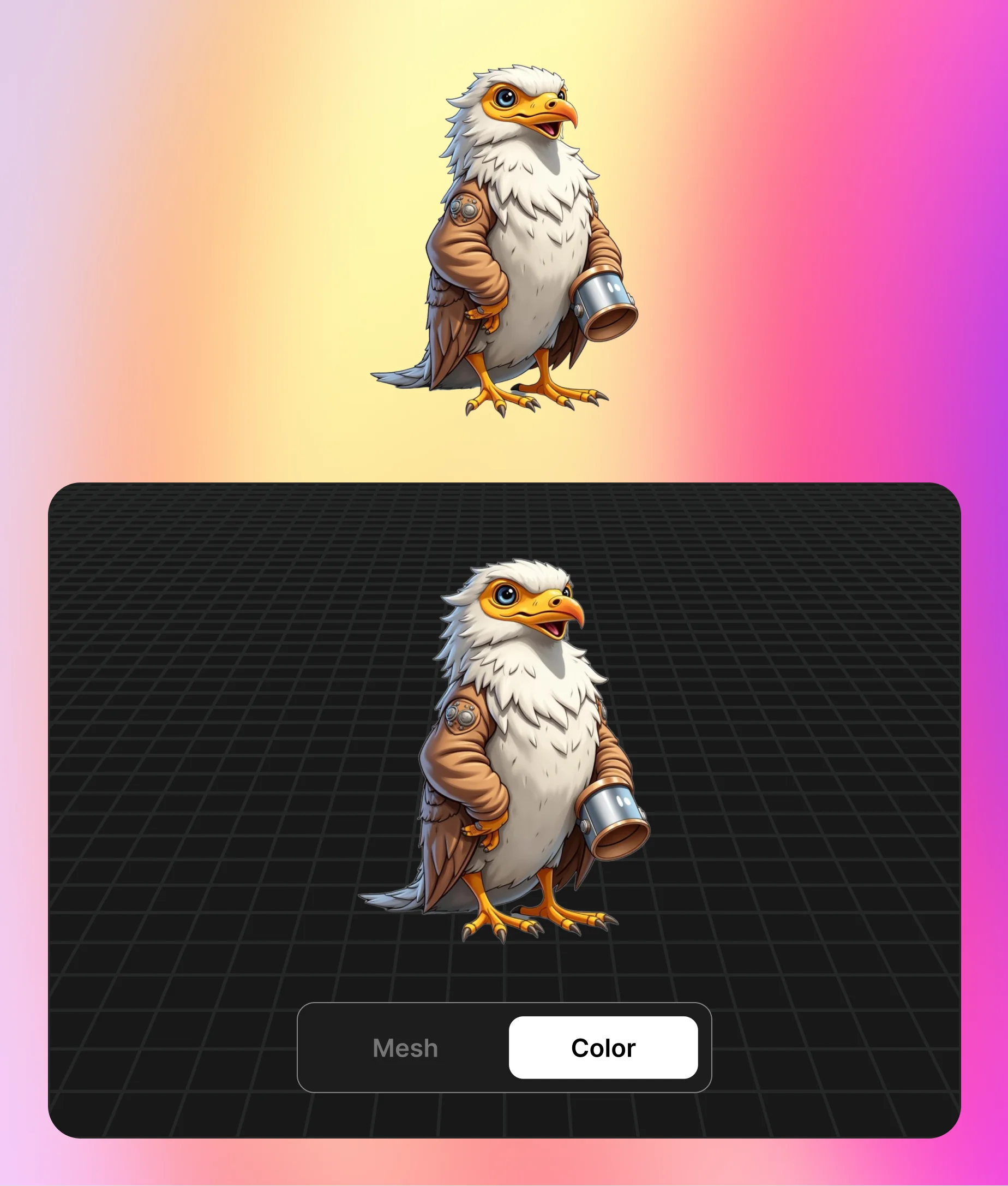 Realistic eagle warrior sculpture transformed from image to 3D color model with detailed textures.
