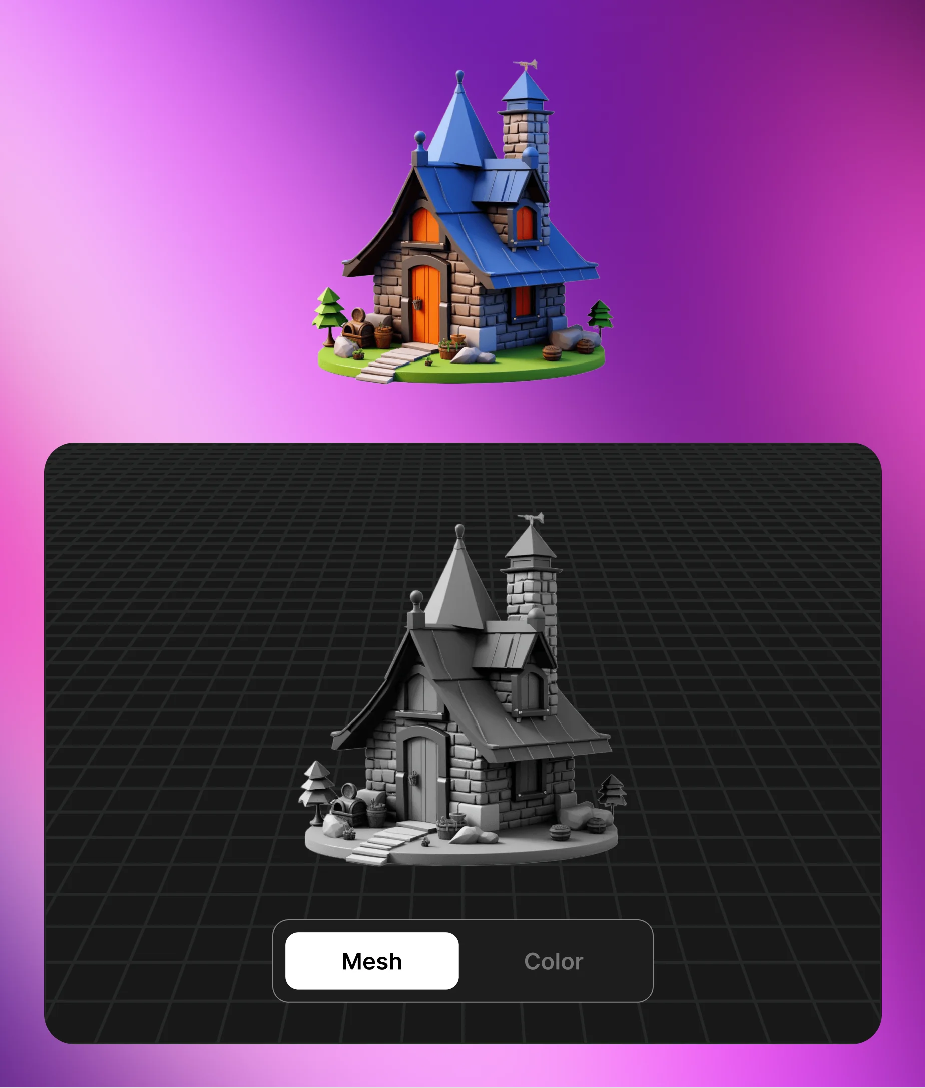 Magical fantasy cottage image rendered into 3D mesh model using AI image to 3D converter.