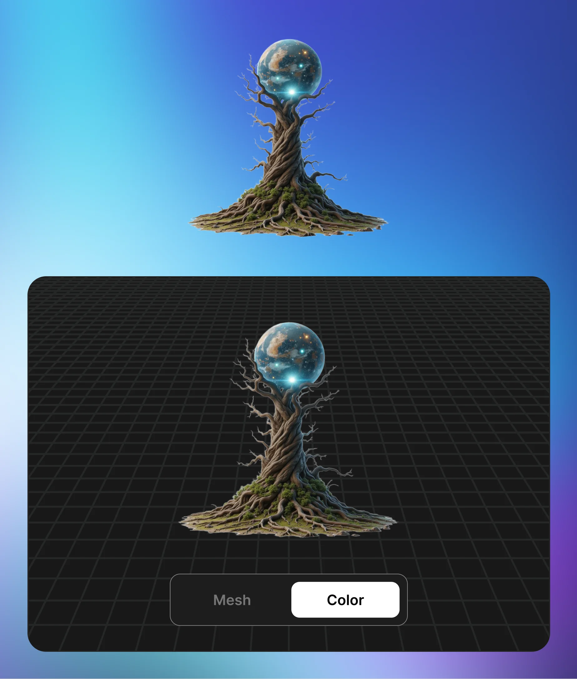 Fantasy-style glowing tree orb turned into 3D model with full color using image to 3D generator.
