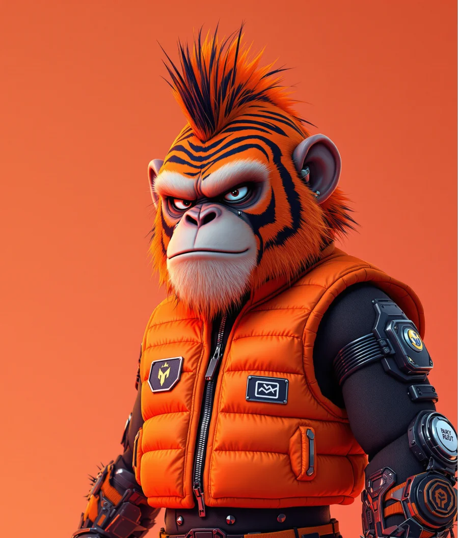 3D-Gorilla-Mascot-in-orange-tactical-vest-with-mohawk-hairstyle-–-fierce-collectible-NFT-mascot-character