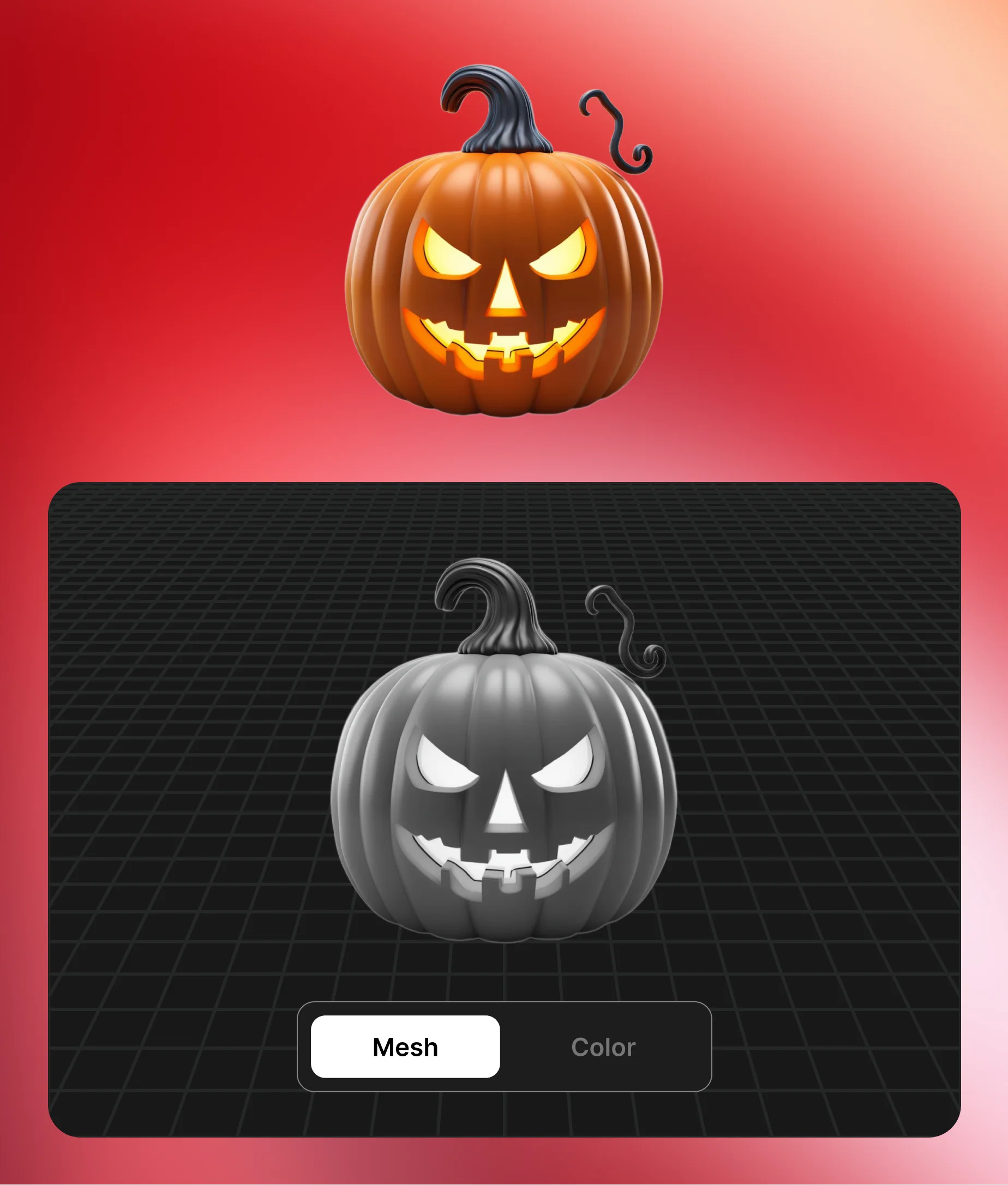 Halloween-themed carved pumpkin image converted to 3D mesh model with spooky style.