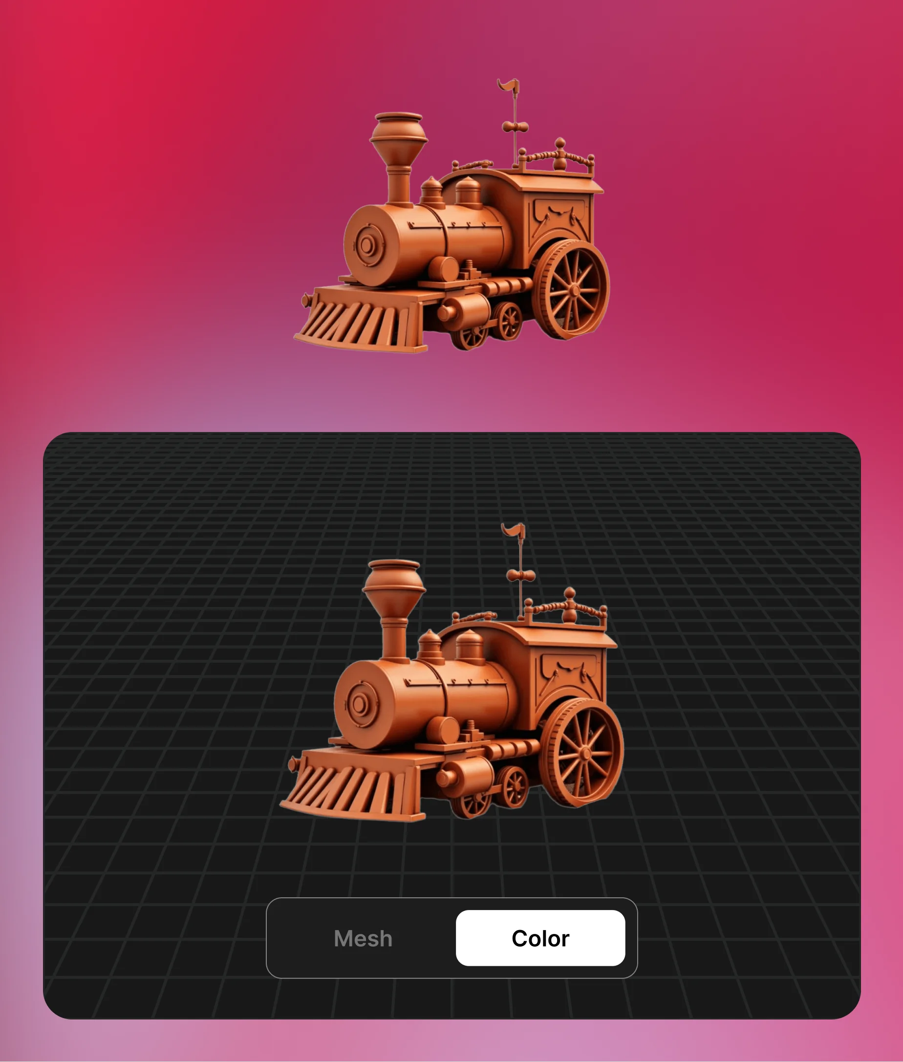 Antique steam locomotive image converted to full-color 3D object using AI image to 3D model generator.