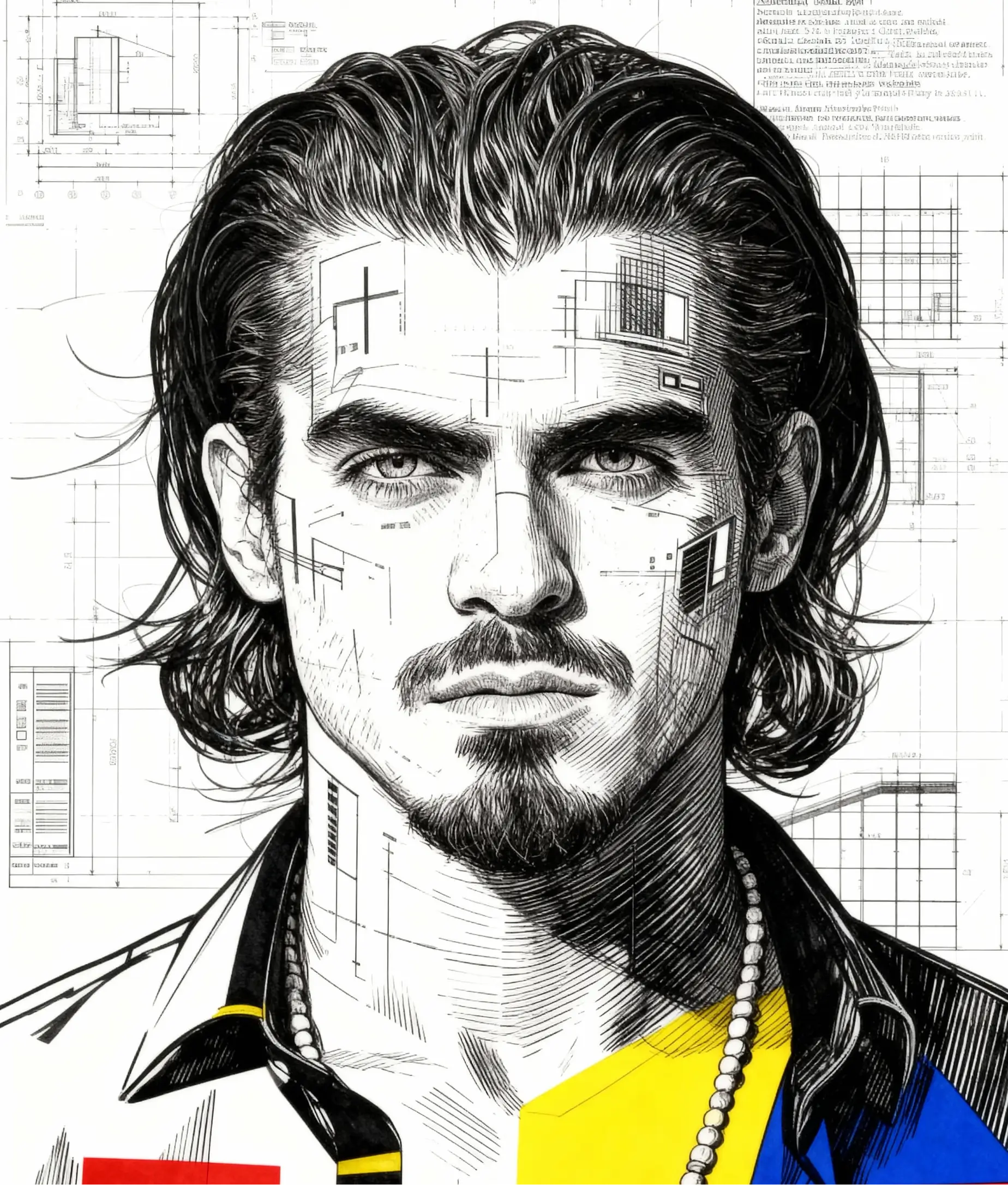 A stylized black-and-white illustrated portrait of a man with long hair and a goatee, drawn over architectural blueprint lines.