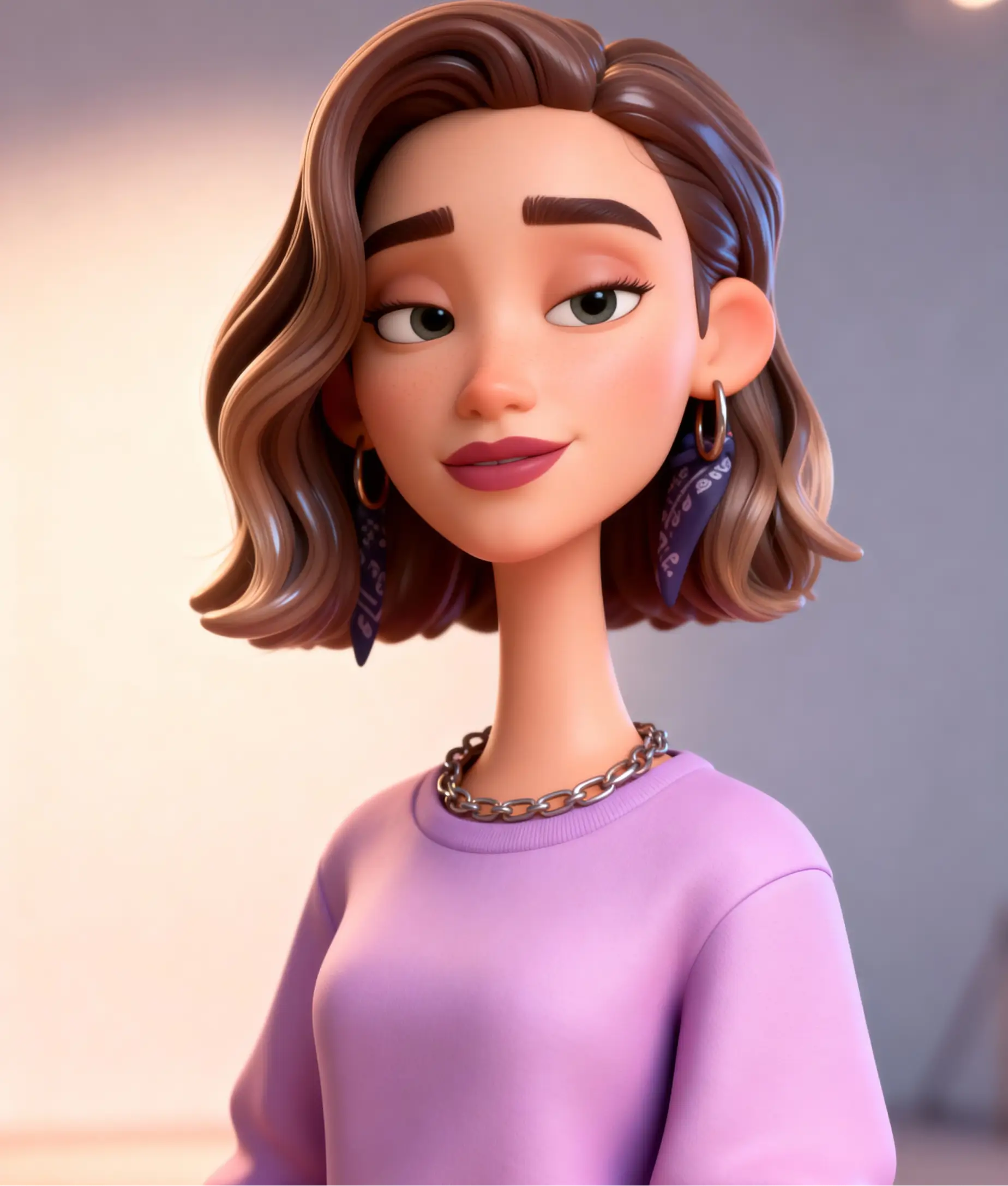A 3D animated woman with short wavy hair, hoop earrings, and a lavender sweater, smiling confidently with soft lighting behind her.