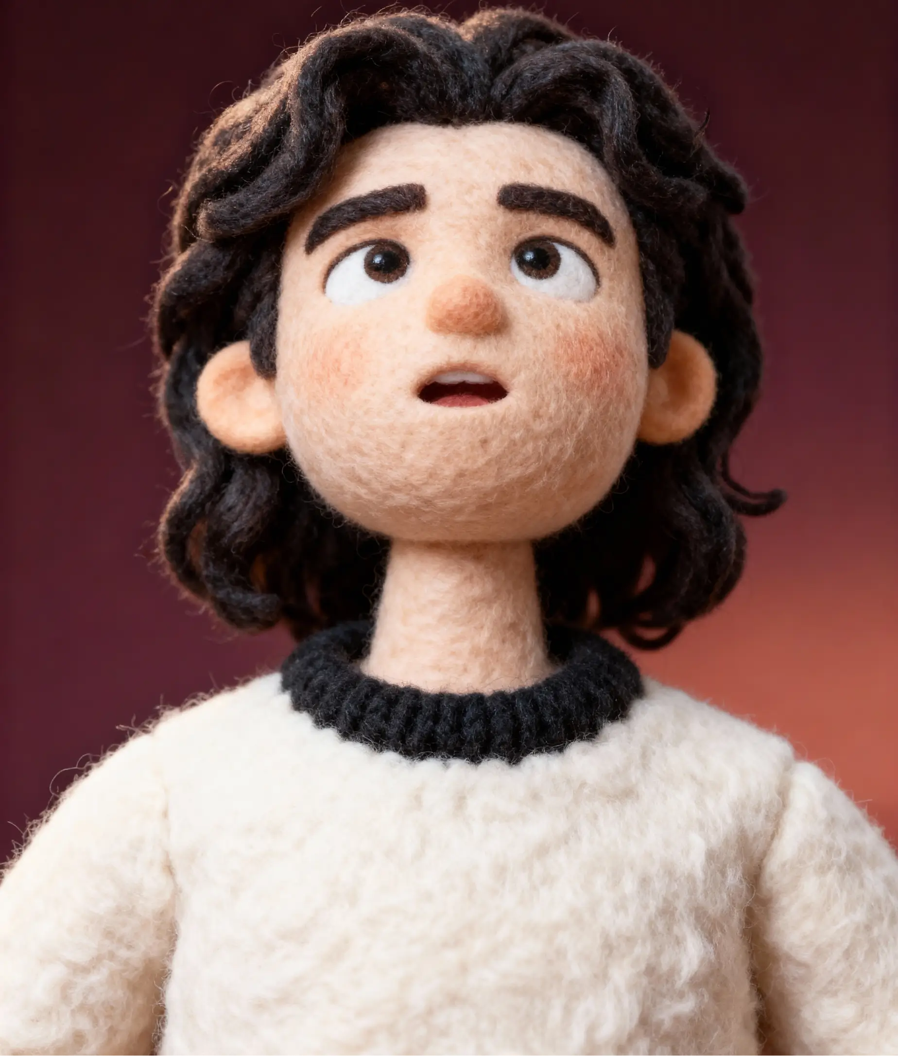 A felted wool doll character with curly dark hair and a cream sweater, looking up with a curious expression.