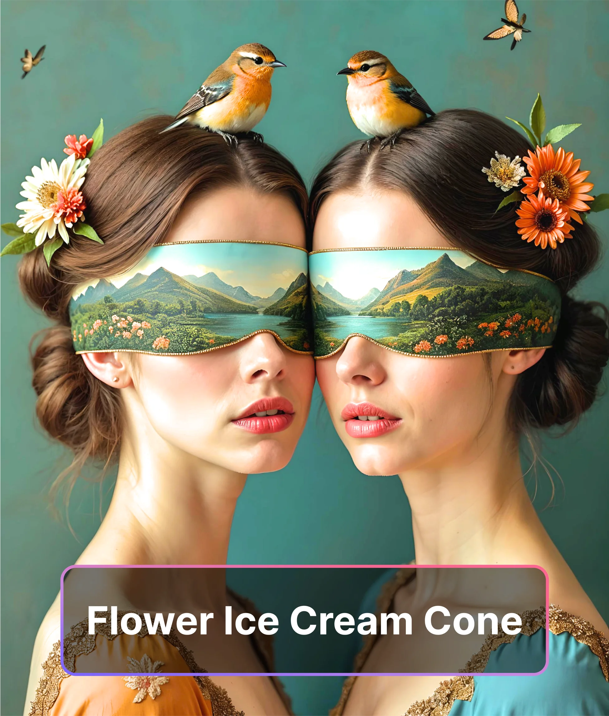 Two women with flowers covering their faces, resembling ice cream cones.