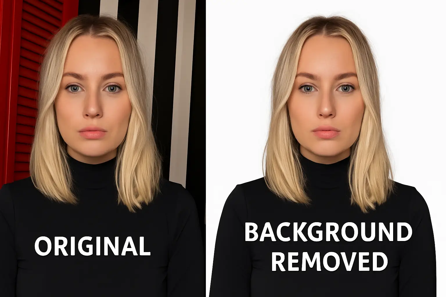 A side-by-side comparison showing the power of AI Background Remover: the left side has a photo with a busy background, while the right side displays the same image with the background cleanly removed, precisely around the subject’s hair.
