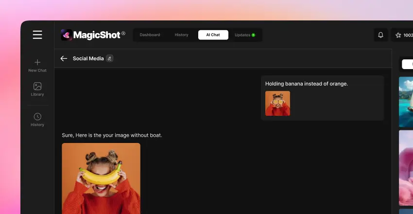 Screenshot of MagicShot's AI Image Editing panel featuring the Nano Banana model, with a prompt input field that says "Holding banana instead of orange" and image preview above.