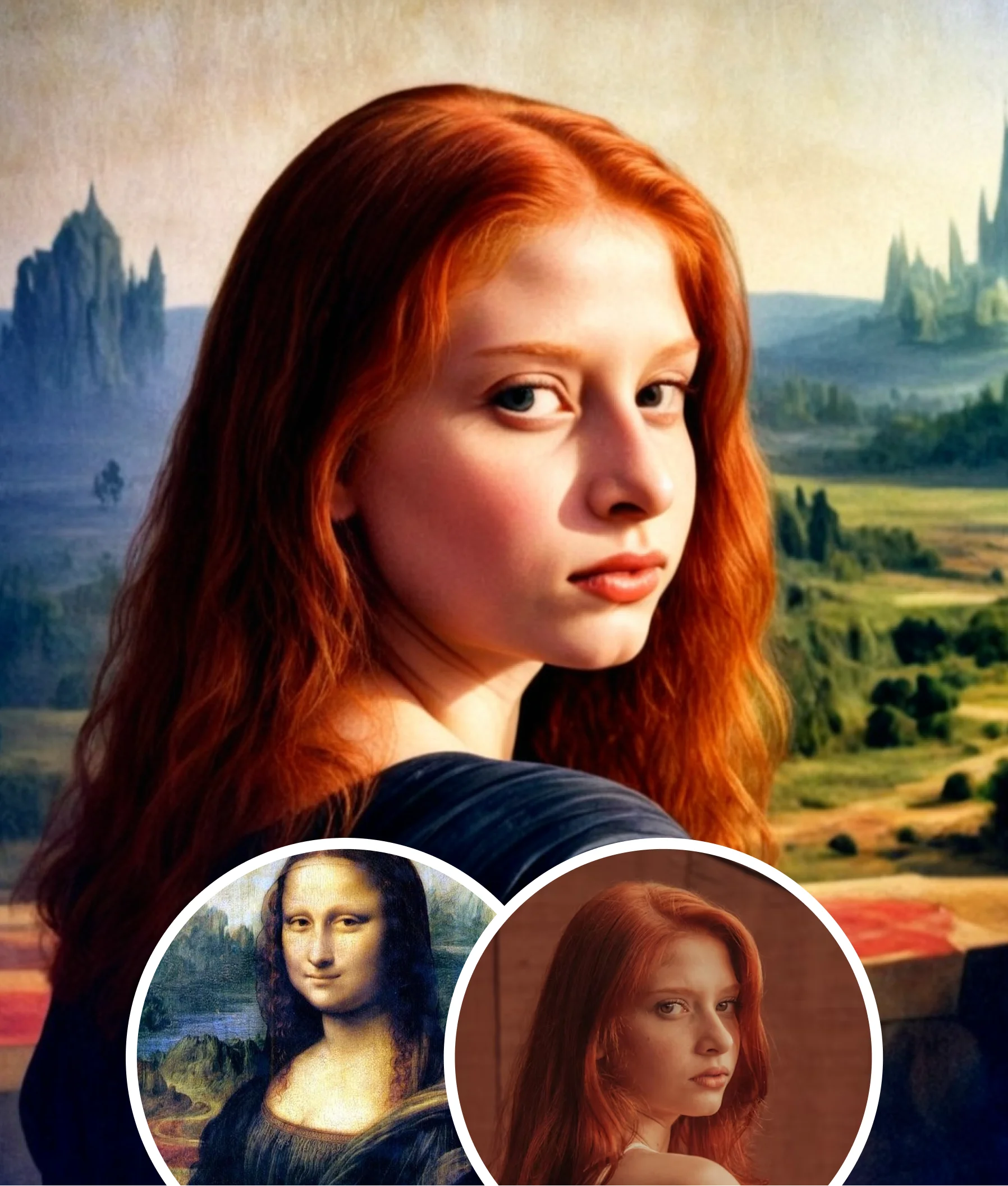 Woman’s face transformed into Mona Lisa-style classical art using AI face swap generator.