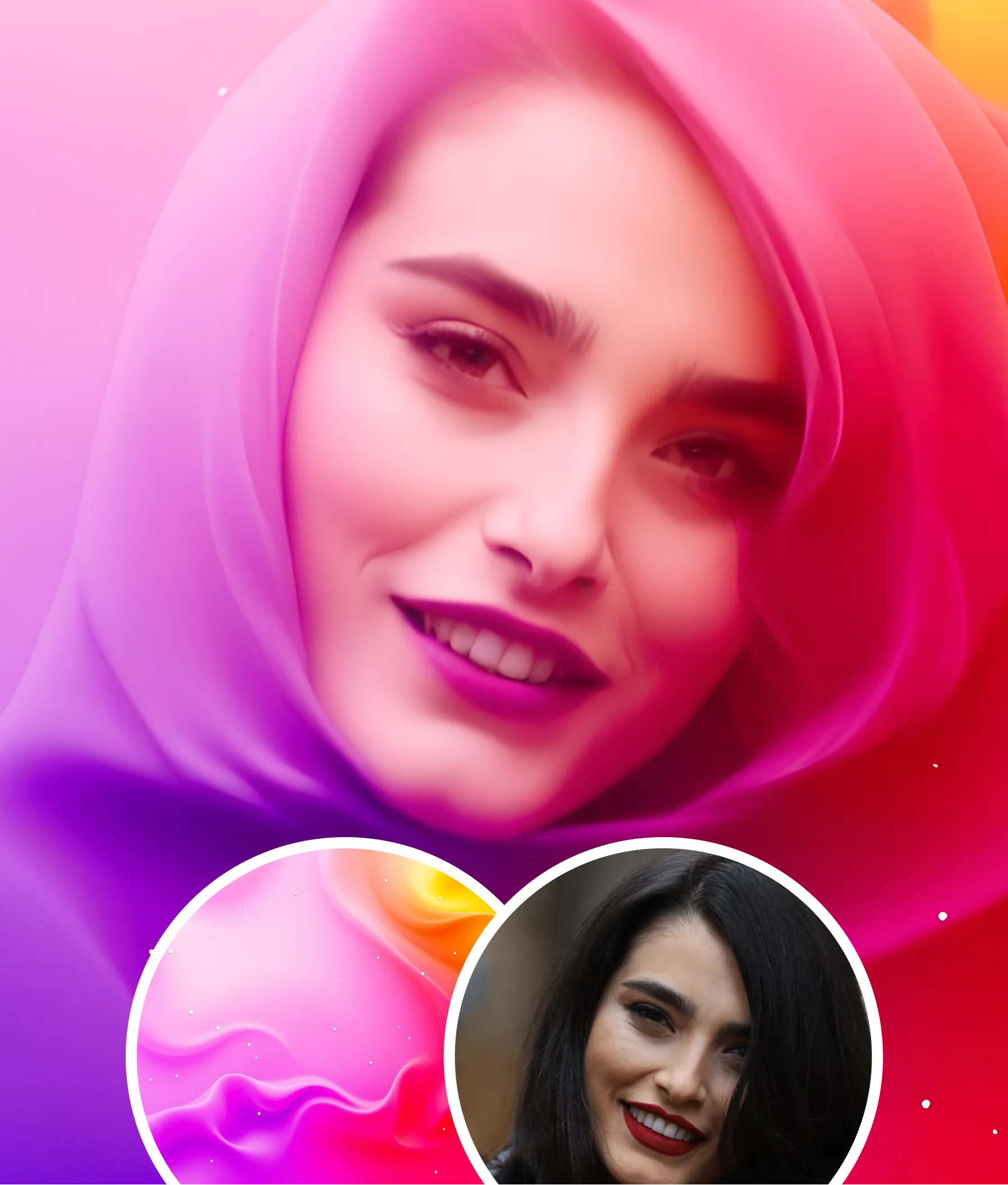 Female photo blended into soft pastel dream art using AI face to image style generator.