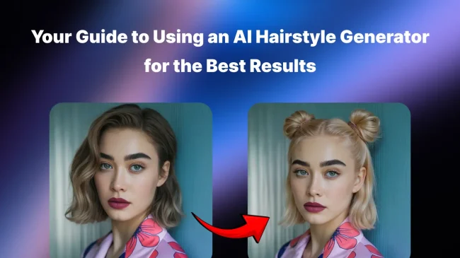 Before and after transformation using an AI hairstyle generator – a woman with short wavy brown hair on the left, and the same woman with blonde hair styled in double space buns on the right, with bold makeup and identical floral outfit, set against a teal background.