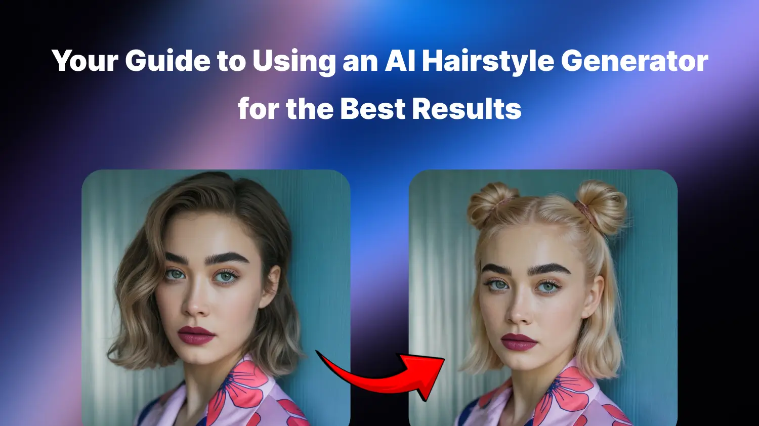 Before and after transformation using an AI hairstyle generator – a woman with short wavy brown hair on the left, and the same woman with blonde hair styled in double space buns on the right, with bold makeup and identical floral outfit, set against a teal background.