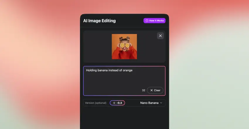 Screenshot of MagicShot AI Chat interface showing image editing by prompt, where the AI replaces an orange with a banana in a photo of a woman, using the Nano Banana model.