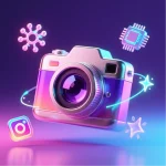3D illustration of a digital camera surrounded by Instagram and AI icons, symbolizing MagicShot’s Instagram Story Maker feature.