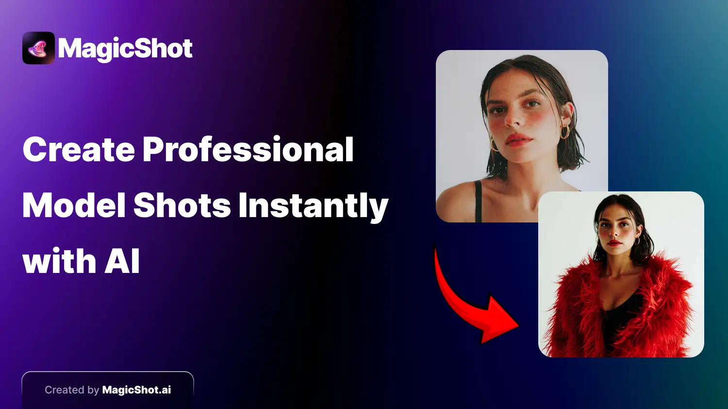 Before and after transformation using MagicShot’s AI Model Shoot feature showing a woman’s casual photo turned into a professional model shot in a red fur coat