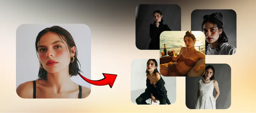 AI Model Shoot generating multiple high-quality fashion portraits in different model-style themes from a single photo