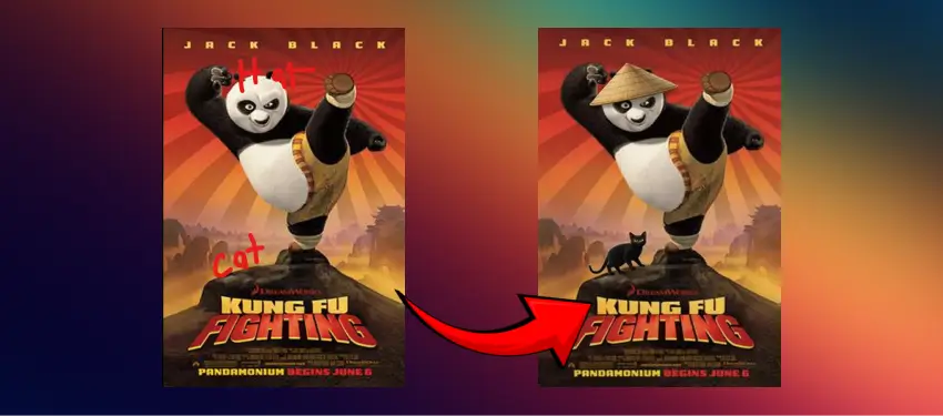 AI-enhanced movie poster replacing scribbles with a conical hat and a black cat, created using Nano Banana.