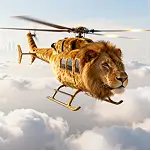 Surreal lion flying as a helicopter above clouds in a fantasy scene