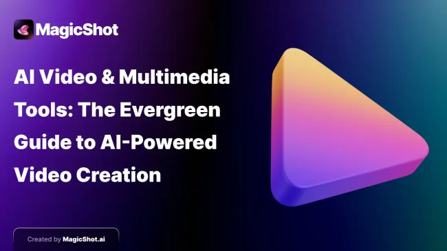 Gradient 3D play button icon on dark background representing AI-powered video and multimedia creation
