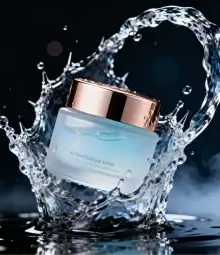 AI product photography of a luxury skincare jar with water splash in a dramatic studio setup