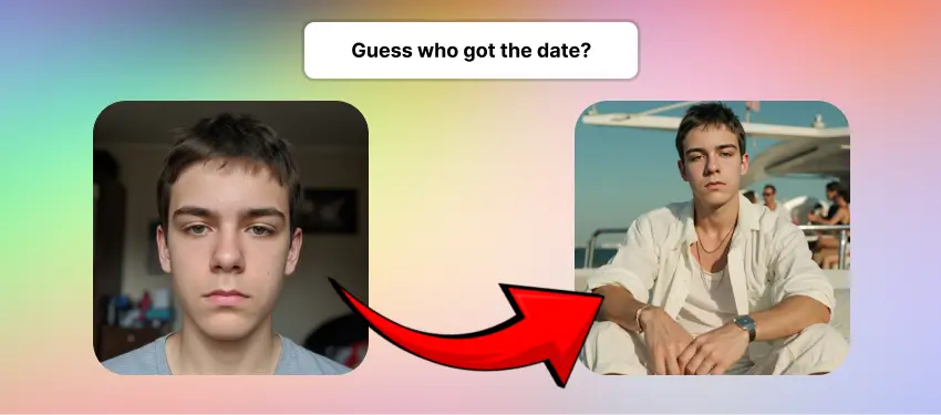 Before and after comparison showing the impact of AI Tinder Photos — one image with a dull selfie, and the other a confident, stylish profile picture generated by AI, highlighting improved dating profile appeal.